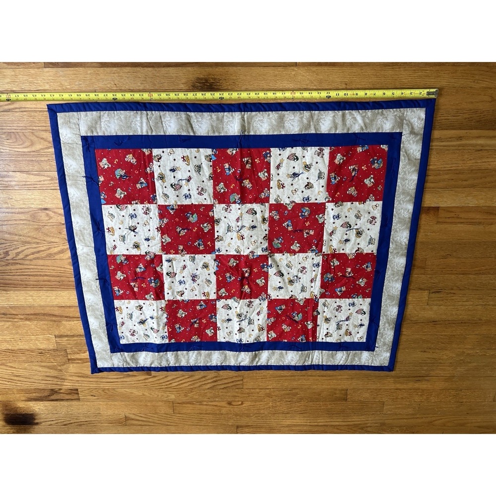 Handmade Baby Quilt Nursery Patchwork Blanket Red Blue 47x38 Tied Quilt